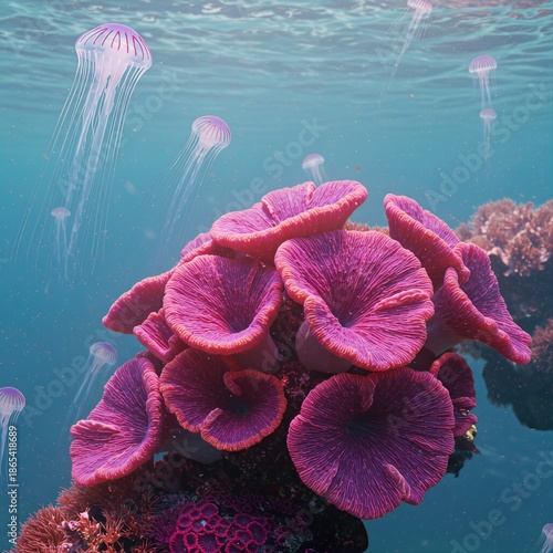 Vibrant Pink Mushroom with Glowing Jellyfish in Ocean