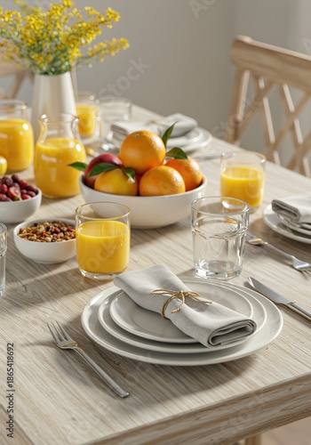 Rustic Breakfast Table Set with Fresh Fruit and Orange Juice