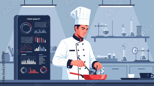 Chef in Modern Kitchen Preparing Food with Tech Interface.