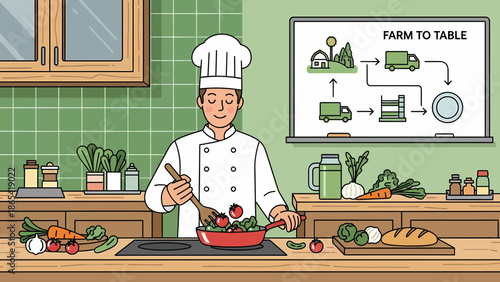 Chef Preparing FarmtoTable Salad in Kitchen with Diagram.