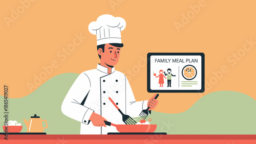 Chef Preparing Family Meal Plan with Tablet Illustration.