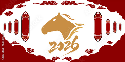 Celebrate 2026 Chinese New Year with this stunning horse design, featuring vibrant red and gold elements, perfect for holiday greetings, decorations, and cultural celebrations.