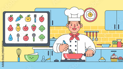 Chef preparing food in a kitchen with digital recipe display.