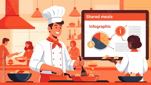 Chef Preparing Food in a Kitchen with Infographic Display.