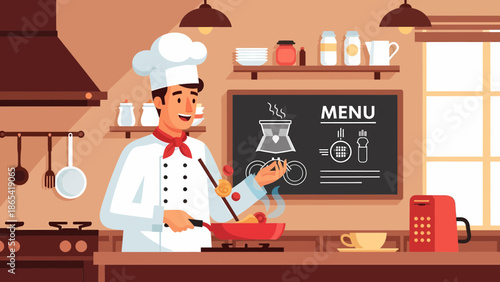 Chef Preparing Food in Kitchen with Menu Board.