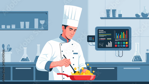 Chef Preparing Food in Modern Kitchen with Digital Display.