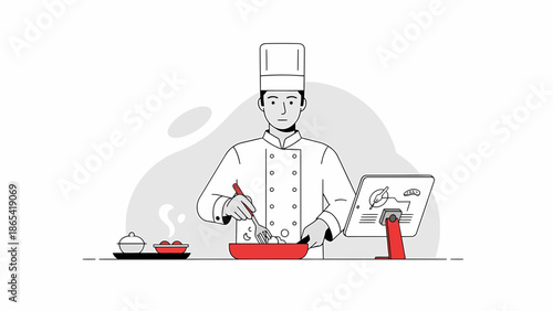 Chef preparing food with digital recipe assistance.