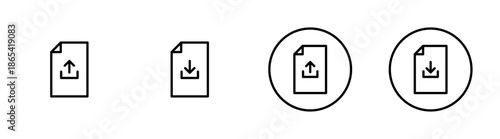 Outline file upload and download icon set, Document transfer symbol, Cloud storage UI element, Data import export graphic, Line art vector collection