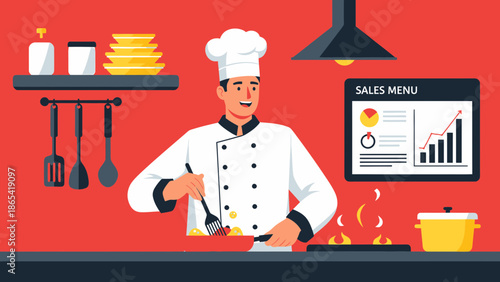 Chef Preparing Food with Sales Menu in Restaurant Kitchen.