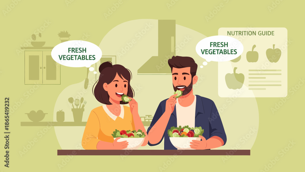 Fototapeta premium Couple Enjoying Fresh Vegetables in a Bright Kitchen Setting.