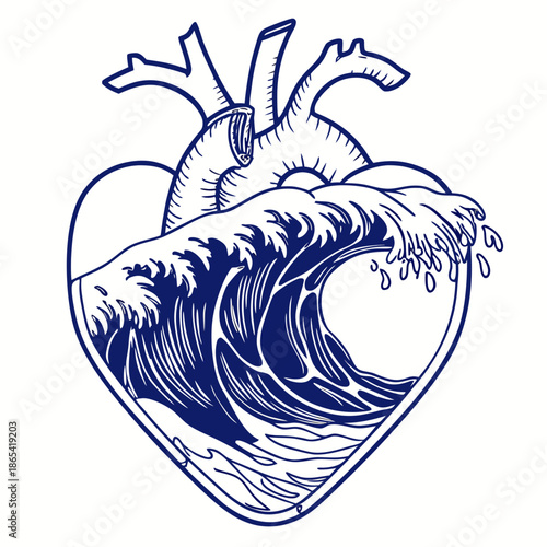 Artistic blue line drawing depicting an anatomical heart encompassing a powerful ocean wave symbolizing deep emotion and turbulent feeling inside