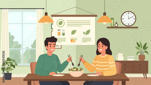 Couple Enjoying a Healthy Salad Together at Home.