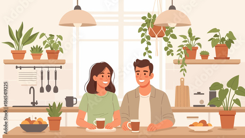 Couple Enjoying Coffee Together in a Cozy Kitchen Setting.