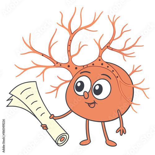 Cute cartoon neuron character happily holding a rolled up scroll or document representing an important biological discovery or successful learning achievement