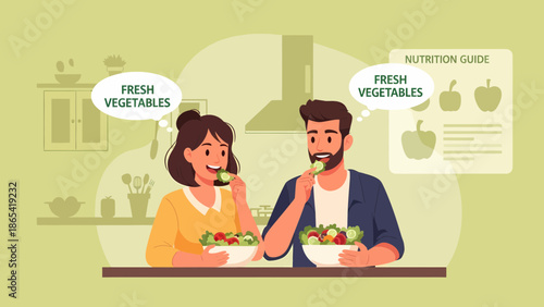 Couple Enjoying Fresh Vegetables in a Bright Kitchen Setting.