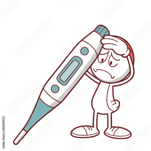 Cartoon character holding a large digital clinical thermometer looking distressed about having a high temperature or illness symptoms