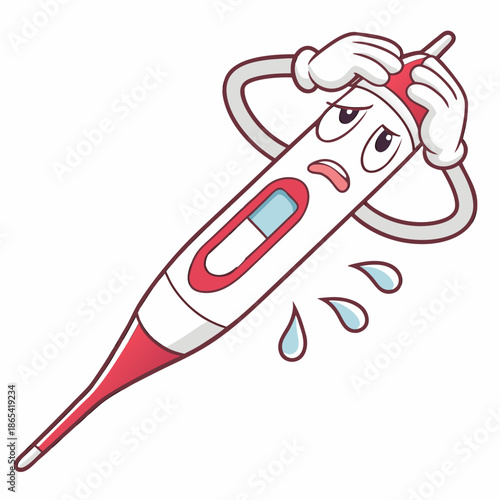 Anxious cartoon digital thermometer character showing distress and sweating profusely while holding its head in a moment of high fever worry