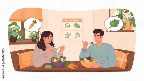 Couple Enjoying Healthy Salad at Home Thinking About Vegetables.