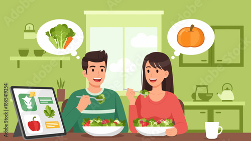 Couple Enjoying Healthy Salad and Planning a Balanced Diet.