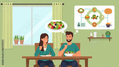 Couple Enjoying Healthy Salad and Thinking About Nutrition.