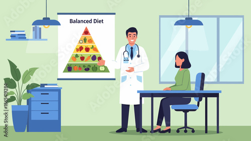 Doctor Explaining Balanced Diet to Patient in Office Setting.