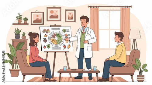 Doctor Explaining Diet to Patients in Consultation Room.