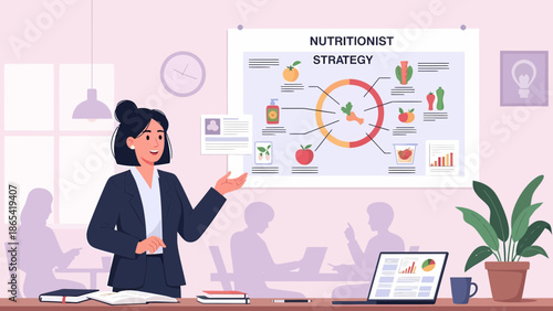 Nutritionist presenting strategy to group focusing on healthy eating and lifestyle.
