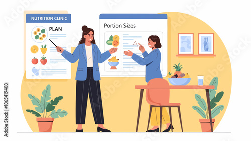 Nutritionists Presenting Healthy Eating Plans and Portion Sizes in a Class.