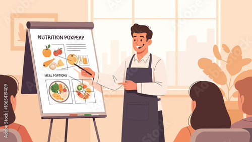 Nutritionist presenting healthy eating guidelines to a group of people.