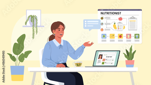 Nutritionist providing online consultation with diet plan and healthy lifestyle advice.