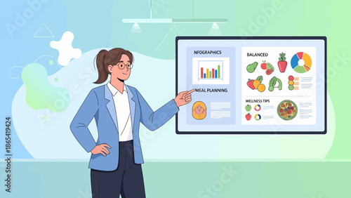 Woman Presenting Balanced Diet Information on Screen.