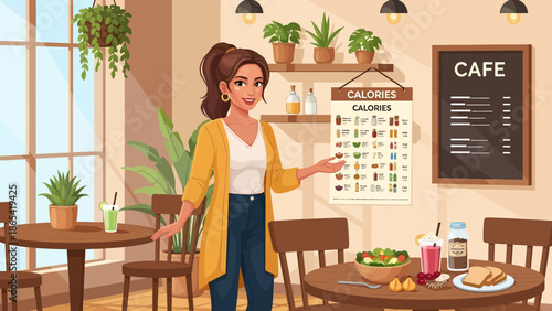 Woman in Cafe with Healthy Food Choices and Calorie Chart.