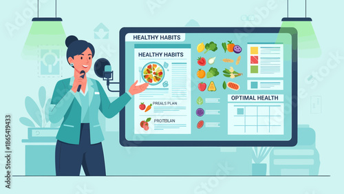 Woman Presenting Healthy Habits on Screen with Microphone.