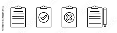Outline clipboard icon set with checkmark and cross, Checklist Report Symbol, Task Management UI Element, Document Edit Graphic, Line Art Vector Collection