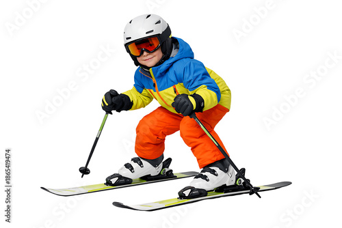 Child skiing wearing helmet and goggles. Winter sports safety. Kids activity designs. Seasonal projects.