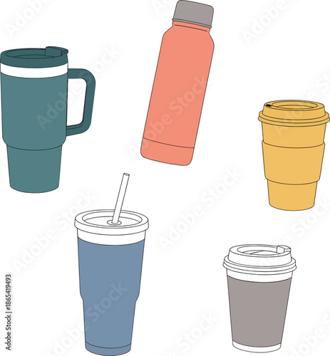 Assortment of Coffee Cups, Tumblers, and Water Bottles
