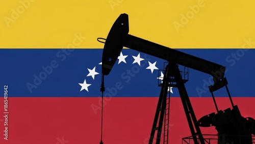Silhouette of an oil pump working against the background of the Venezuela flag.