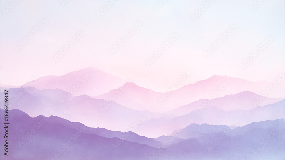 Obraz premium 霧がかった山並みの水彩画風風景 