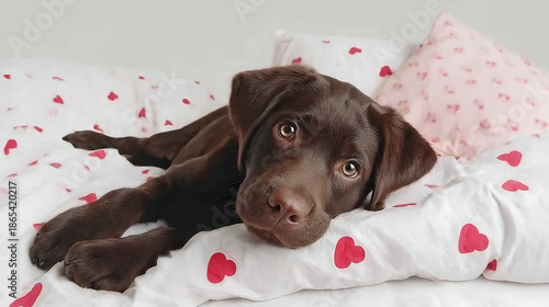 Chocolate labrador puppy resting on a bed covered with heart-patterned bedding, creating a charming scene celebrating love, comfort, and companionship for Valentine's Day