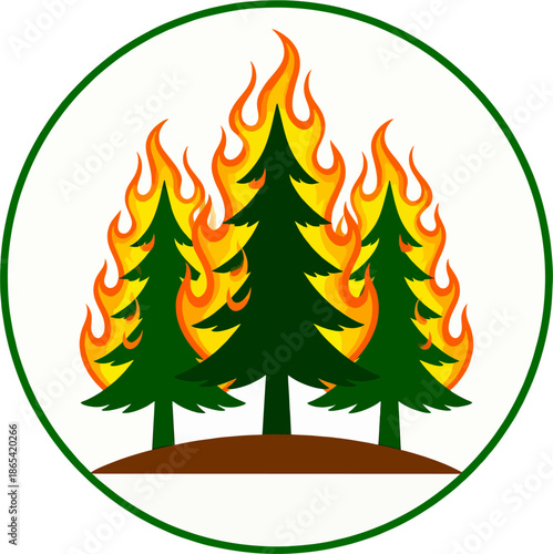 Forest wildfire vector icon in green circle, burning green pine trees with yellow orange flames on brown mound for environmental disaster emblem