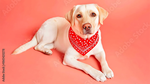 Labrador retriever dog wearing a red bandana with white hearts for Valentine's Day, lying down on a coral pink studio background, looking at camera for affection
