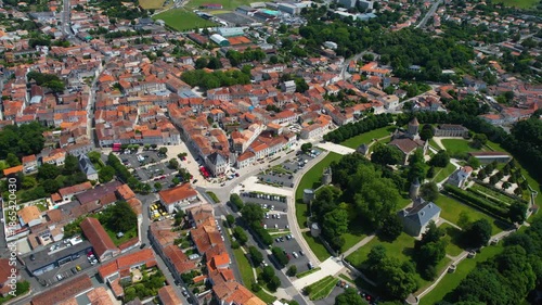 Aerial panorama view from the old town in the city Surgères in France, on a sunny summer noon