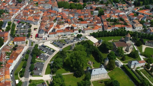 Aerial panorama view from the old town in the city Surgères in France, on a sunny summer noon