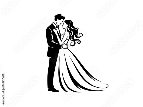 A romantic couple embracing in a beautiful black and white vector illustration