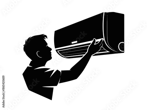 A technician installing an air conditioning unit in a modern home