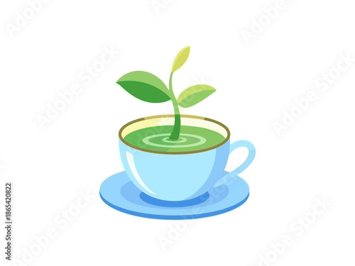 A minimalist vector illustration of a green plant growing in a blue teacup on a saucer