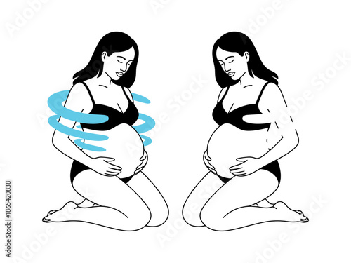 A pregnant woman demonstrating breathing exercises in a minimalist vector illustration