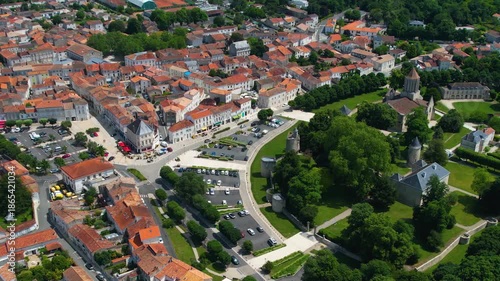 Aerial panorama view from the old town in the city Surgères in France, on a sunny summer noon