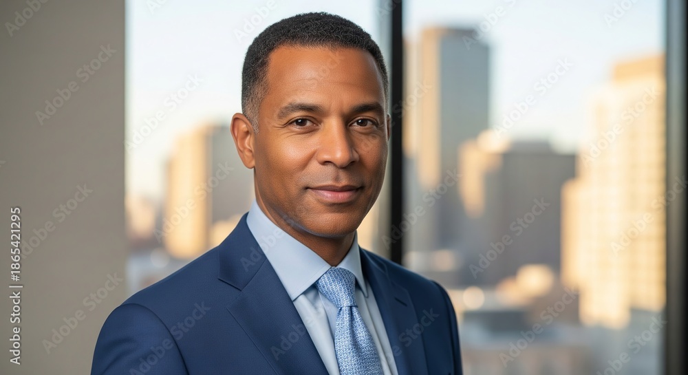 Naklejka premium Confident African American executive in a modern corporate office, symbolizing leadership, success, and professional acumen against a dynamic city skyline backdrop
