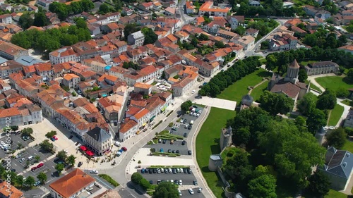 Aerial panorama view from the old town in the city Surgères in France, on a sunny summer noon